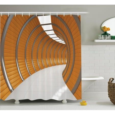 Contemporary Shower Curtains Modern Shower Curtain, Modern Illuminated Long Corridor Contemporary Geometric Structure Tunnel Picture, Fabric Bathroom Set with Hooks, Orange Grey, by Ambesonne ()