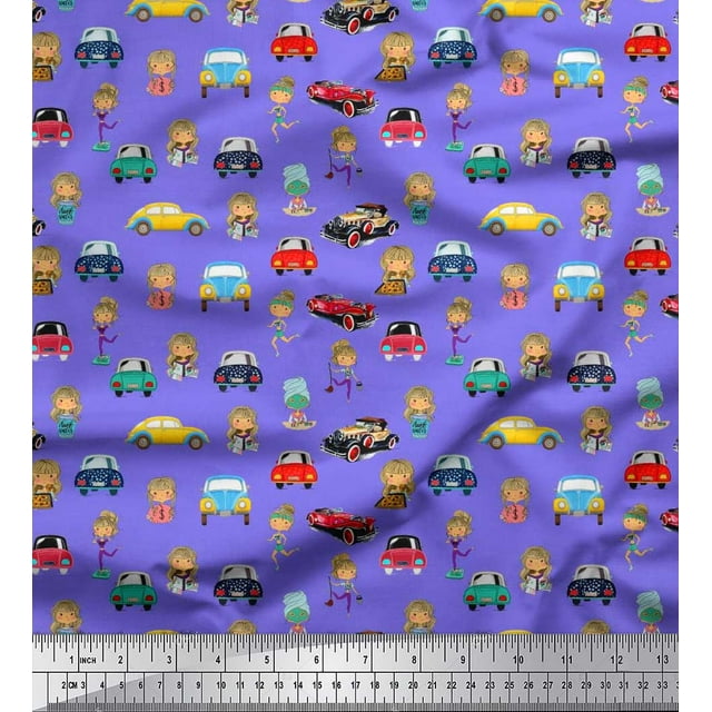Soimoi Polyester Crepe Fabric Cartoon Girl & Car Transport Print Fabric by Yard 52 Inch Wide