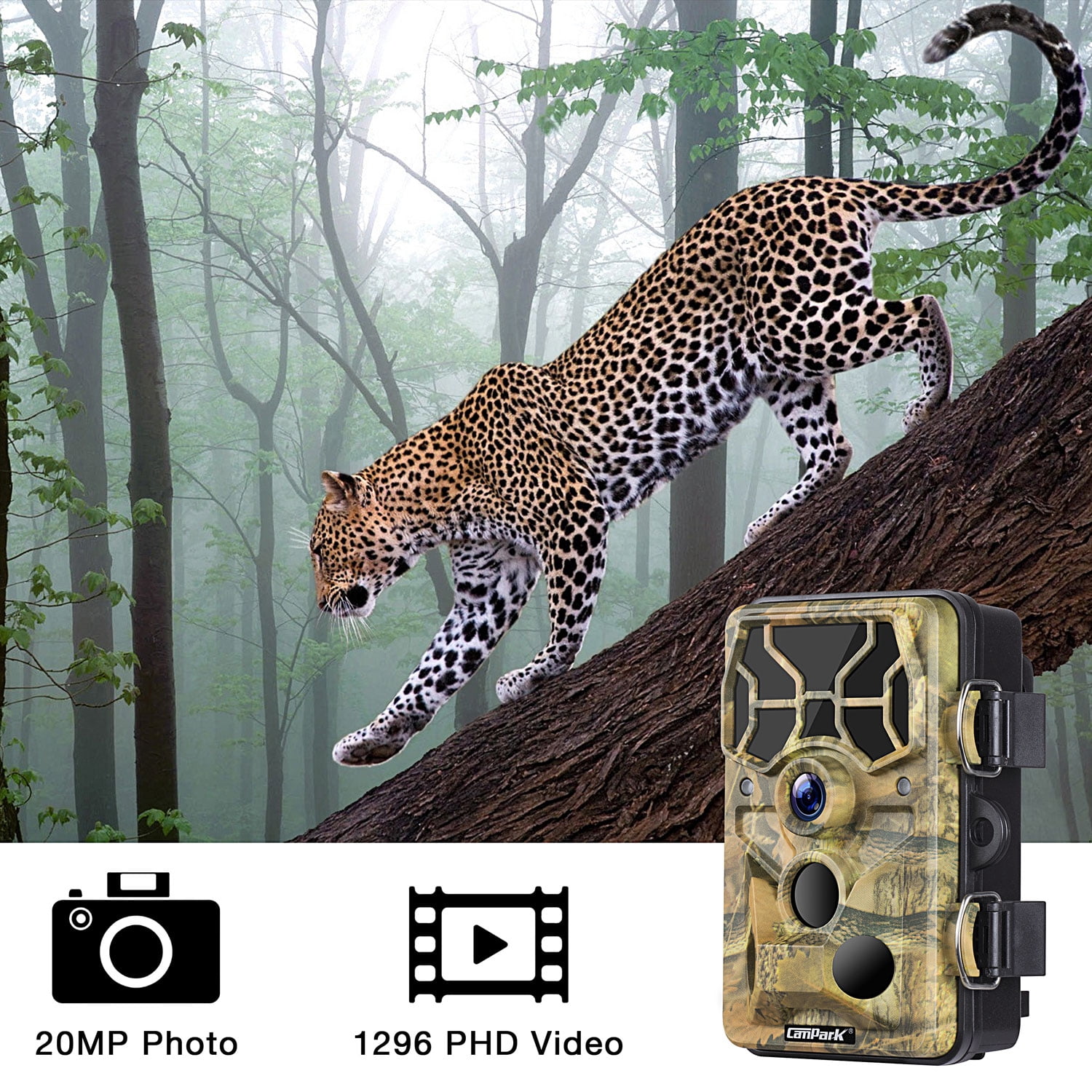 CAMPARK WiFi Bluetooth Trail Camera 20MP 1296P Deer Hunting Game Camera 65FT Infrared Night Vision Waterproof IP66 Outdoor Wildlife Trail Cam