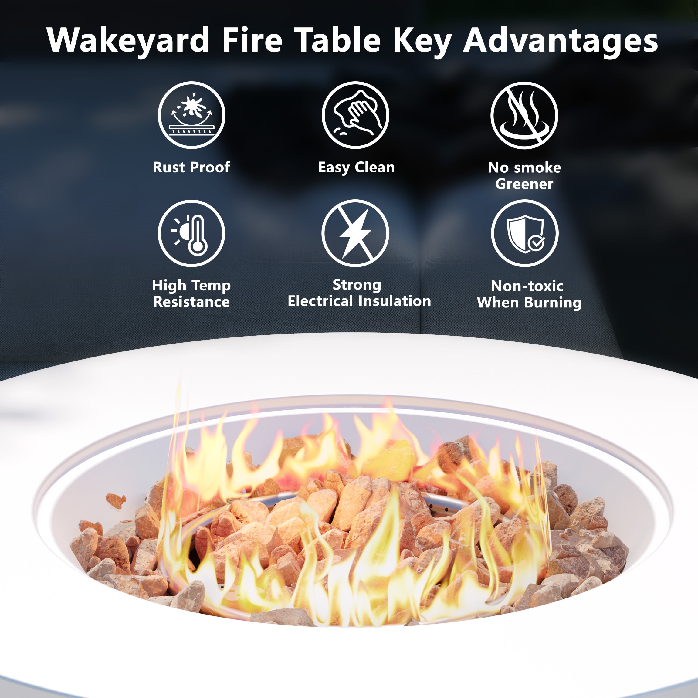 Wakeyard 32.5 inch Round Propane Fire Pit Table, 50000 BTU, Includes Lava Rock,White