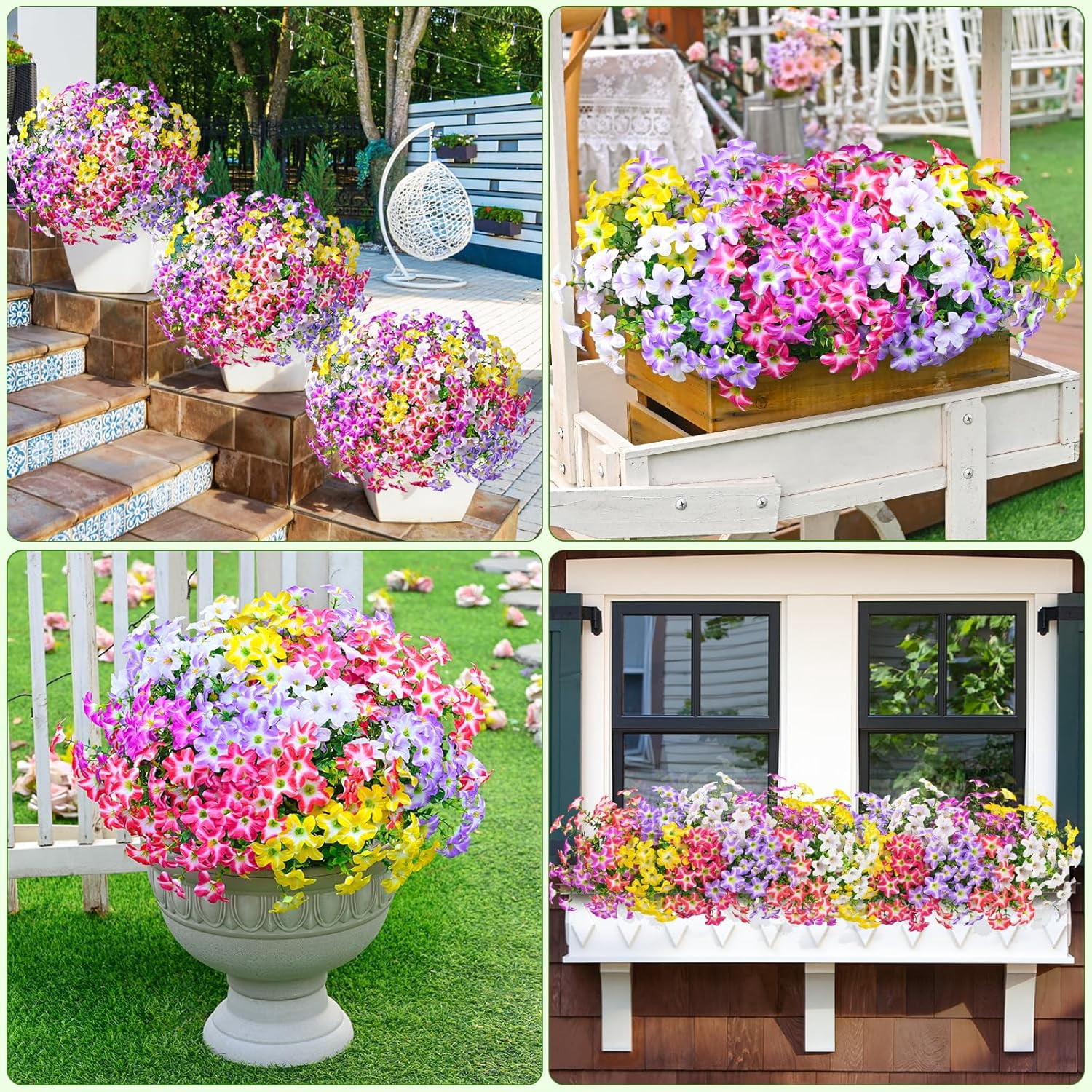 Yastouay 24 Bundles Artificial Petunias Flowers for Outdoors,UV Resistant Fake Flowers for Planters,Mixcolor Faux Petunias Silk Flowers for Proch Garden Yard Decor