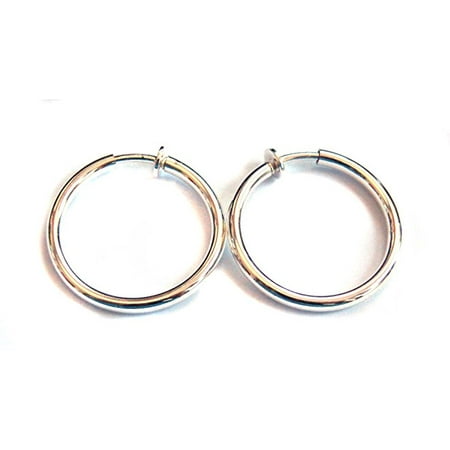 Clip On Earrings Plated Shiny Silver 1 Inch Hoop Clip On Earrings Plated Shiny Silver 1 Inch Hoop