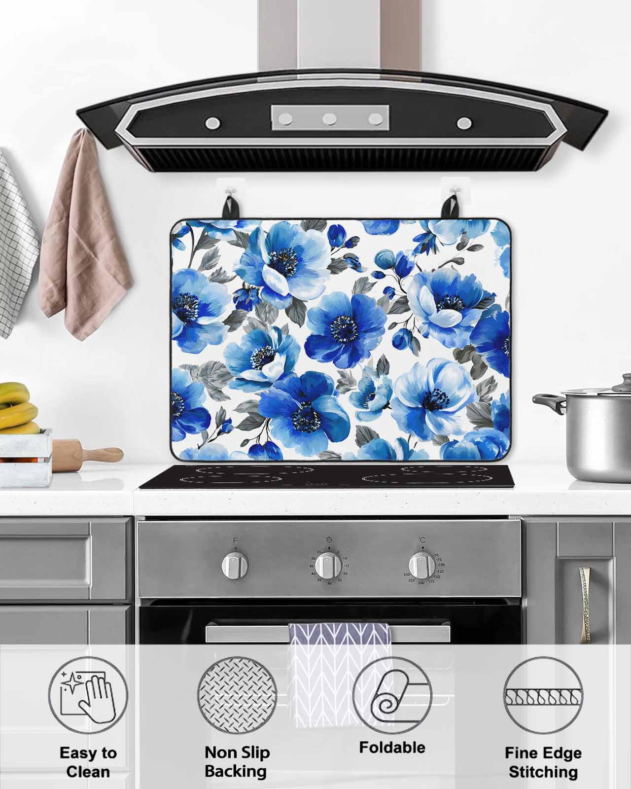 Large Induction Cooktop Protector Mat Blue Flowers Stove Top Covers for Electric Stove, Spring Watercolor Leaves Floral Plants Decorative Stove Burner Cover Mats, Glass Top Stove Cover