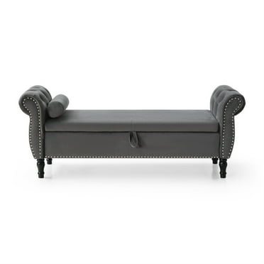 Velvet Bench Sofa Stool, 63" Storage Ottoman Rectangular Sofa Stool Bench with Buttons Tufted Nailhead Trimmed & Solid Wood Legs, Foot Storage Bench Window Benches with 1 Pillow for Bedroom, Grey