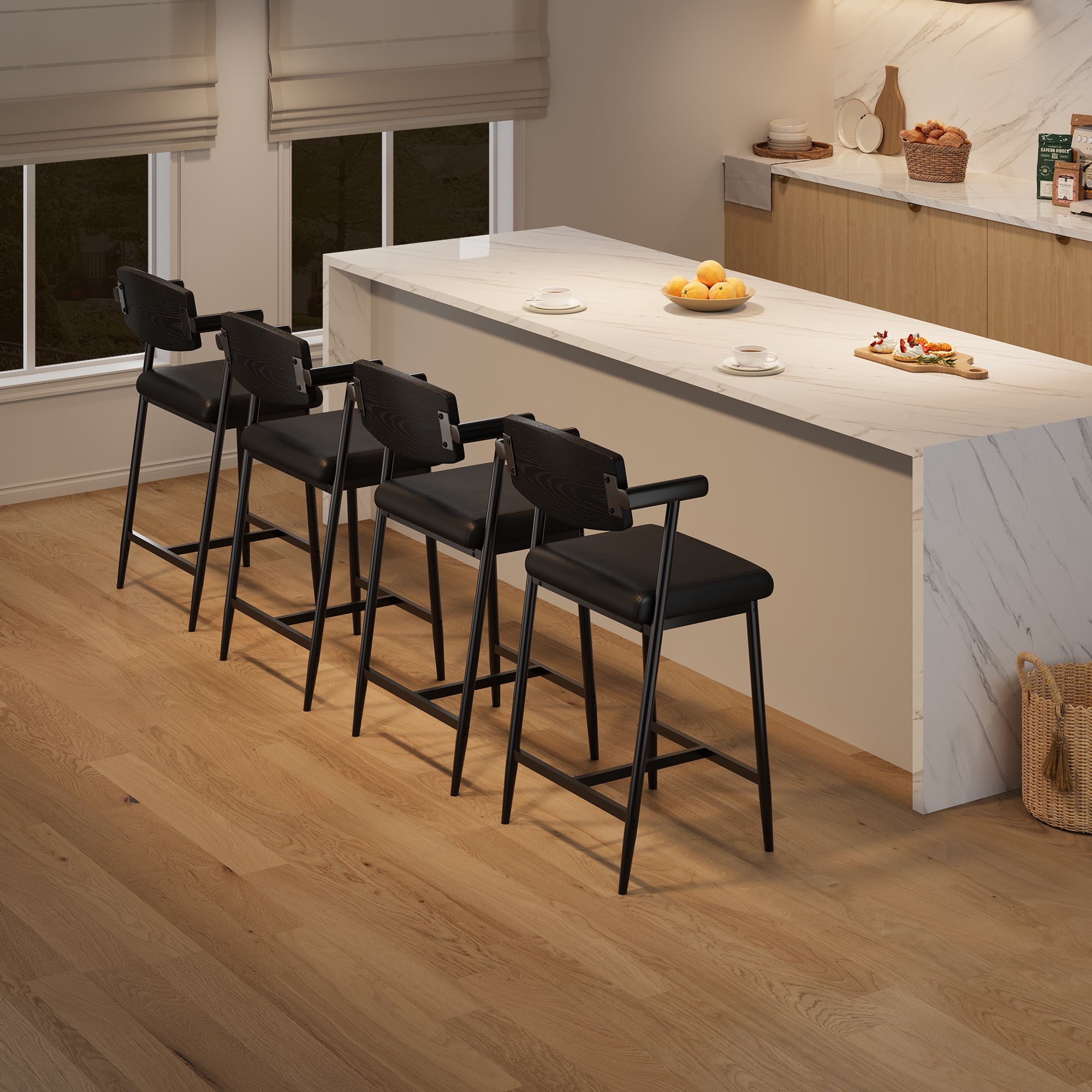 Towallmark 26.5 " Upholstered Counter Height Barstools, Wider Thickened Cushion Bar Stools Set of 2 with Armrest, Retro Black