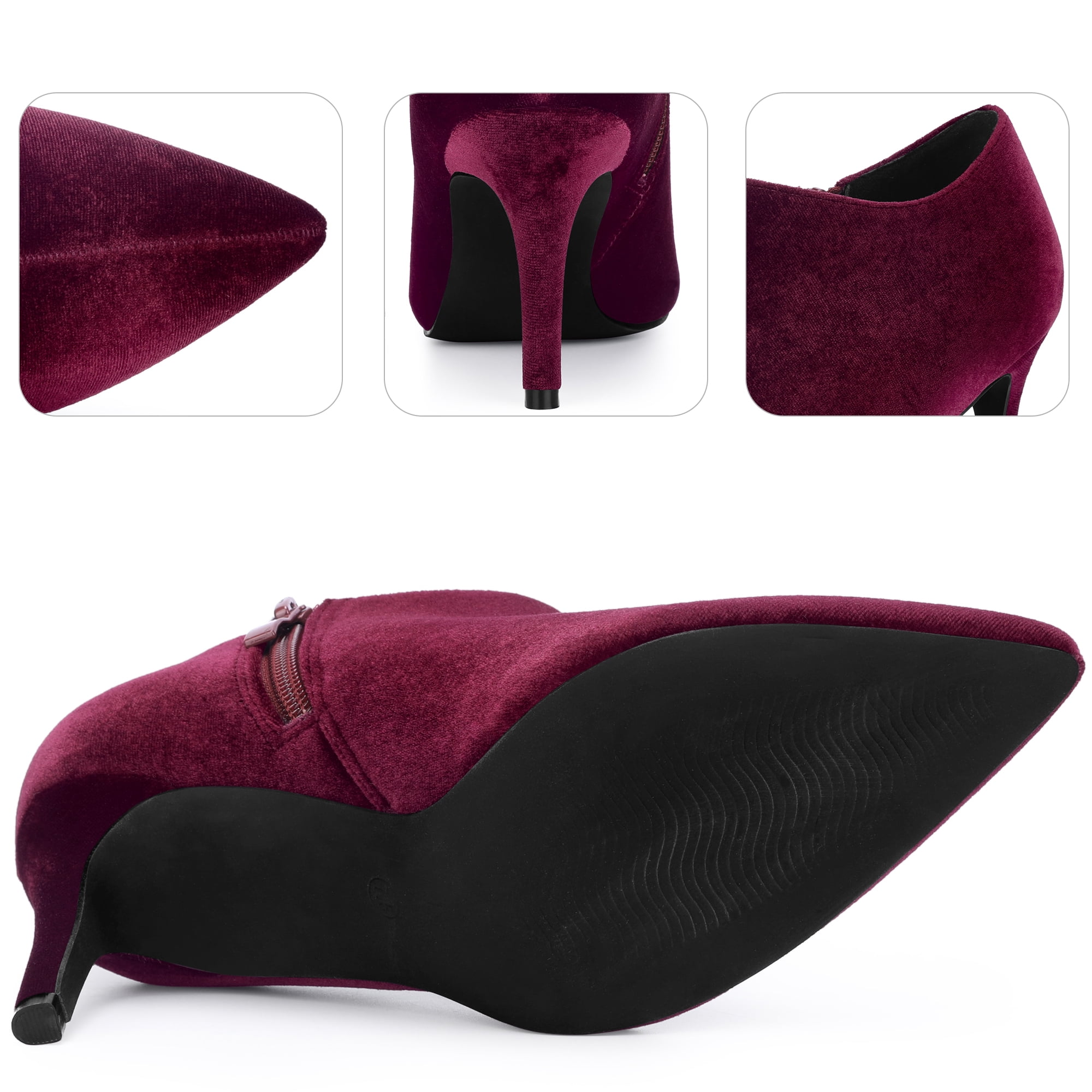 DARING DIVA Women's Stylish Velvet Pointy Toe Stiletto Heels Booties Burgundy US 7.5