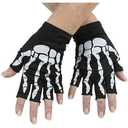 Black and Pink Bone Fingerless Gloves Child Halloween Accessory