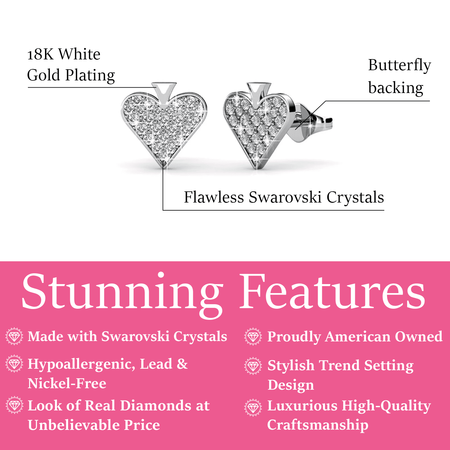 Cate & Chloe Dylan Divine 18k White Gold Plated Heart Stud Earrings with Swarovski Crystals for Women