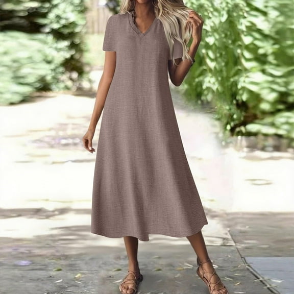 Nmnitkp Dresses for Women Linen Blend V Neck Maxi Dress, Short Sleeve Back Zip Closure Loose Fit Casual Summer Dresses for Women Beach Vacation & Daily Wear Beige,M