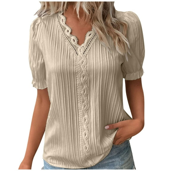 Blouses for Women Dressy Casual Women Summer Lace V Neck Plain Lace Elegant Shirt Teal Shirt Dress Shirts for Business Casual Fashion Long Sleeve Shirts Womens Tops Work Business Womens Athl Beige XXL
