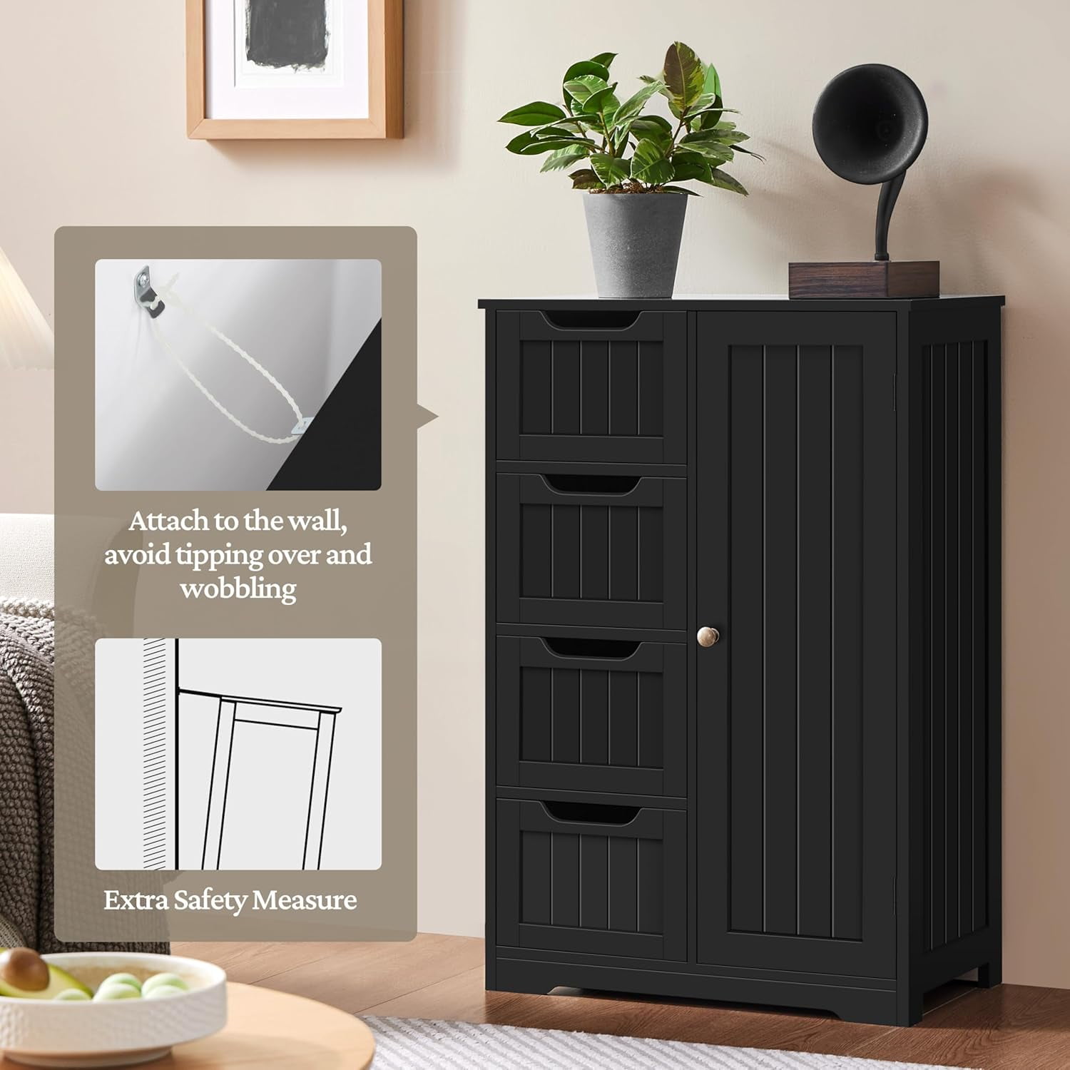 Wooden Bathroom Floor/Side Storage Organizer Cabinet with 4 Drawers and 1 Cupboard, Freestanding Entryway Storage Unit Console Table for Home Decor