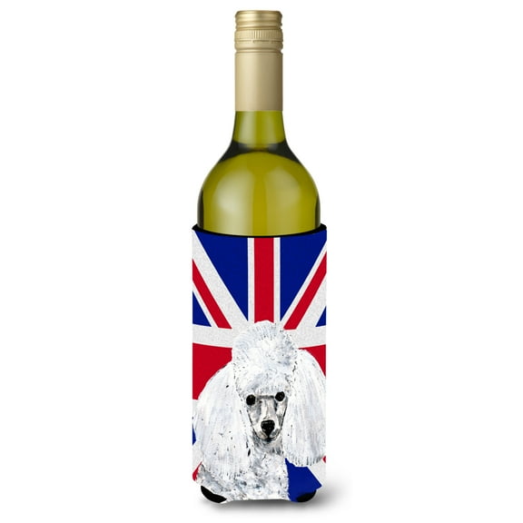 White Toy Poodle with English Union Jack British Flag Wine Bottle Hugger