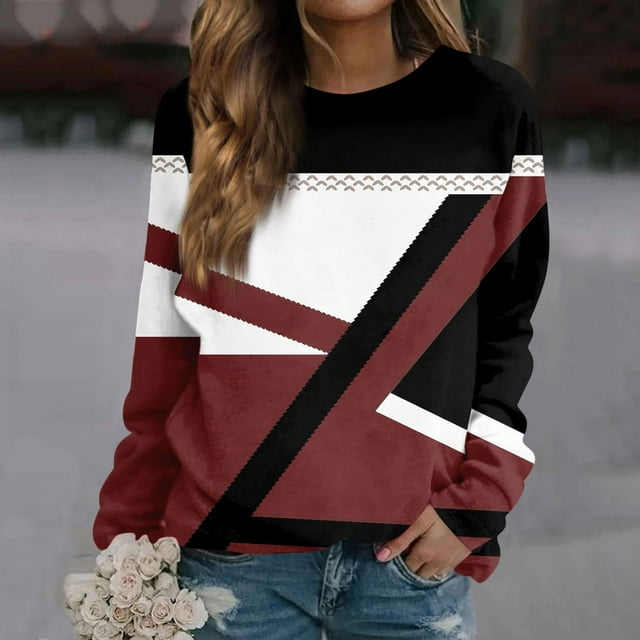 Sentmoon Tunique Mode Pull à Manches Longues pour Femmes Dégradé Rayé Col Rond Décontracté Hauts à Manches Longues Grande Taille Mode Tendance Rouge TTG Économies d'Automne