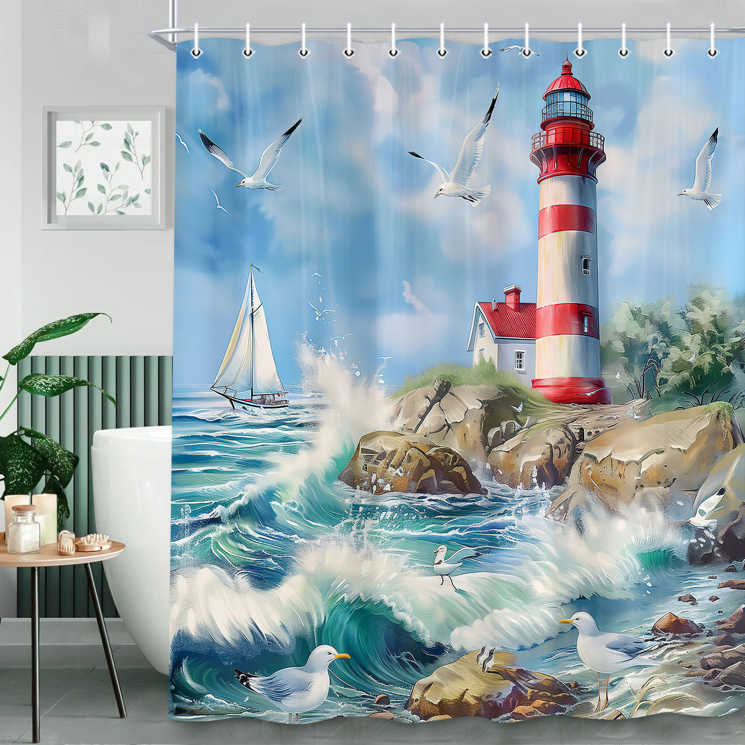 Lighthouse Shower Curtain,Ocean Wave Beach Seagull Shower Curtain for Bathroom Decor,Nautical Sailboat Blue Sky Lighthouse Cottage Bath Curtains,Washable Fabric Bathroom Decor with Hooks 70X70in