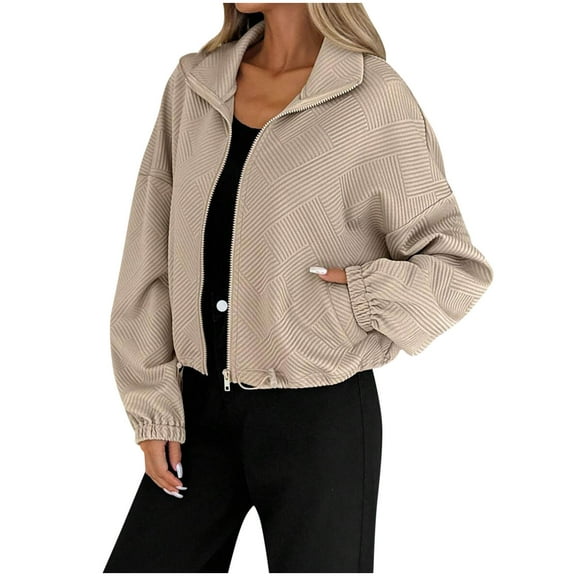 Cropped Jackets for Women Textured Zip Up Jacket Fashion Fall Tops with Pockets Casual Solid Lapel Long Sleeve Zipper Cardigan Outwears