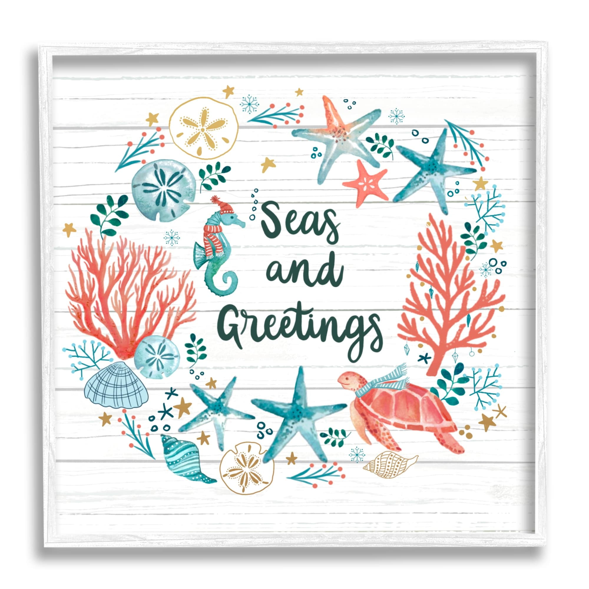 Stupell Industries Seas And Greetings Warm Nautical Holiday Wreath Graphic Art White Framed Art Print Wall Art, Design by Sharon Lee