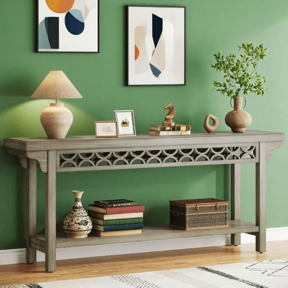 Narrow Console Table - 1.96" Thick Solid Wood, Gray Finish, Adjustable Foot Pads, Versatile Accent Table for Living Room (Behind Couch), Entryway, Hallway