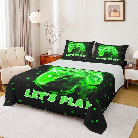 Manfei Kids Gamepad Controller Twin Sheet Sets,Console Video Game Twin Fitted Sheet,Green Polka Dots Flat Sheet For Boys,Luxury Bedroom Decor,3-Piece