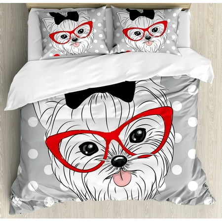 King Size Head Yorkie King Size Duvet Cover Set, Tilted Head Terrier I Love My Yorkie Red Nerd Glasses Love Heart Polka Dots, Decorative 3 Piece Bedding Set with 2 Pillow Shams, Black White Red, by Ambesonne ()