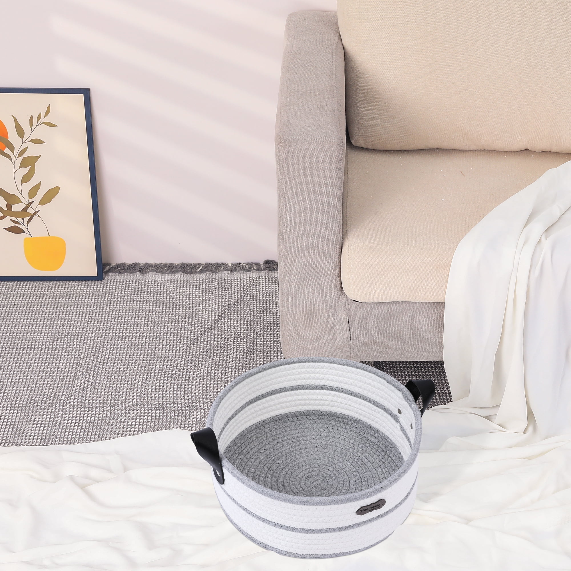 Unique Bargains Woven Storage Basket with Leather Handles Light Gray 11*4.7in