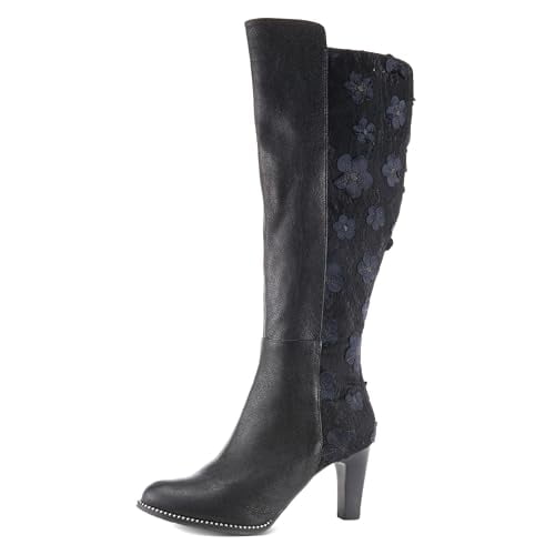 Spring Step L'Artiste Rozena Tall Boots | Floral Appliqué Mid-Calf Leather Boots with Lace Detailing