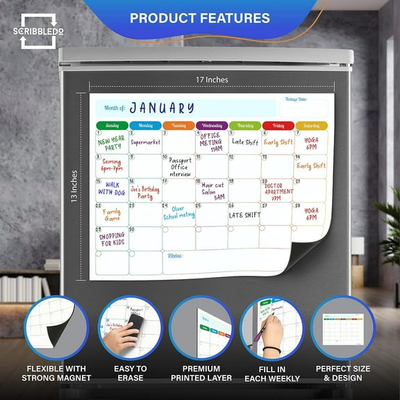 Monthly Planner Magnetic Whiteboard Refrigerator Calendar Dry Erase Weekly Planner 13” X 17” Magnetic Calendar for Fridge to Do List White Board Dry Erase Shopping Grocery List 6 Markers Included