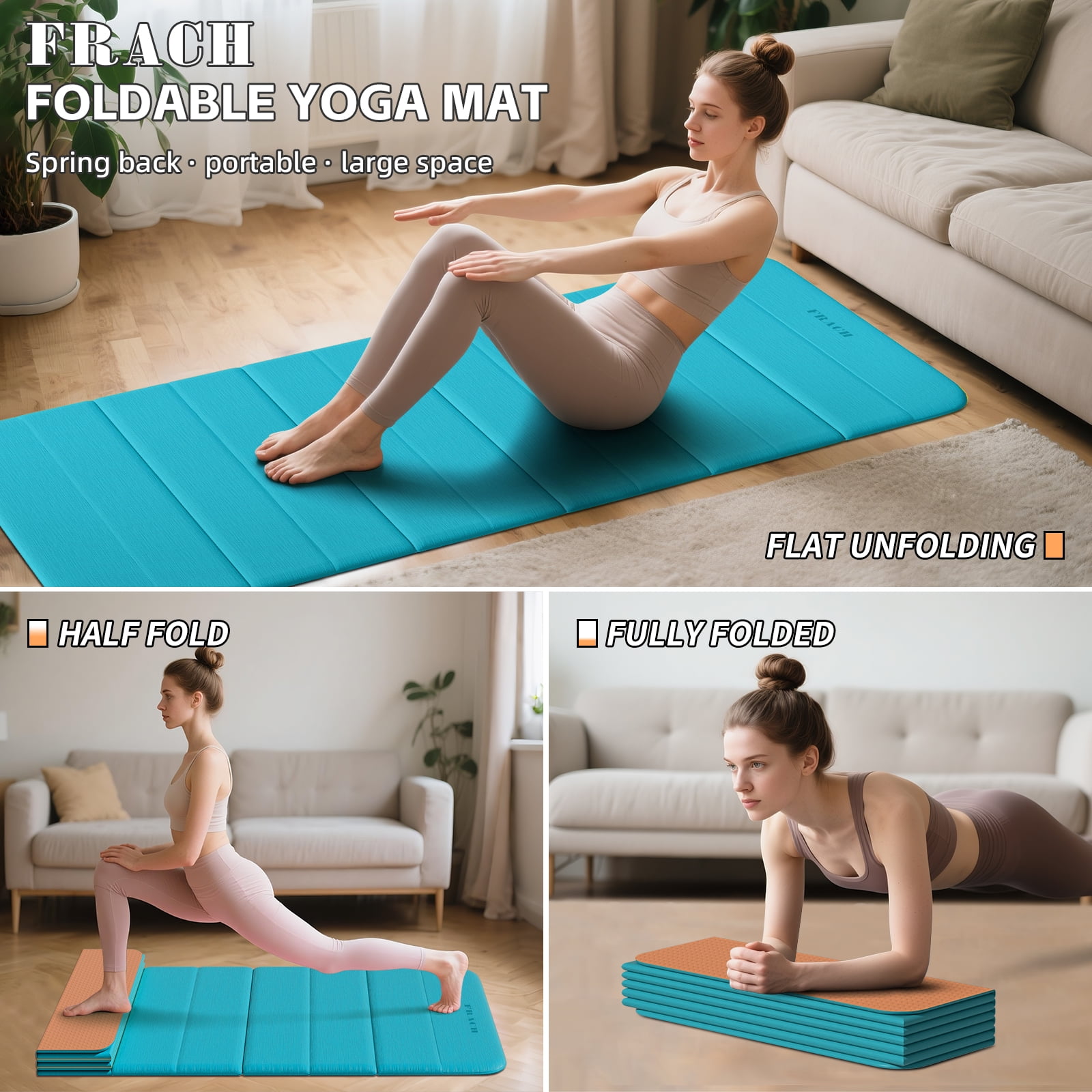 Frach Foldable Yoga Mat Extra Long 75",0.4" Thick Exercise Mat,Muti-fundctional,High-Density for Gym and Travel,Indoor and Outdoor(Blue+Orange)