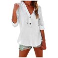 thumbnail image 3 of YWIYIUD Women Cotton Linen Lightweight Hooded Shirt Drawstring Button Down Blouses for Women Dressy Casual Short Sleeve V Neck Cardigan Summer Clothes Oversize Casual Blouses, 3 of 8