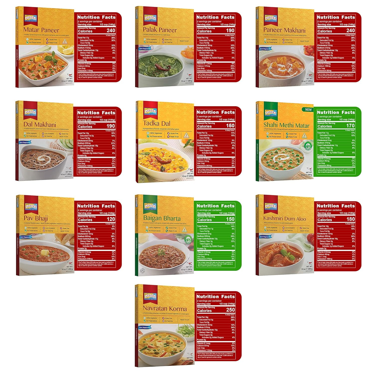 Ashoka Microwaveable Entrees 1932, Vegetarian Sampler Kit, Heat & Serve Meal Pack, Kosher Certified Variety Pack, Authentic Indian Cuisine, Instant Meals, Gluten-Free with No Preservatives, Pack of 9