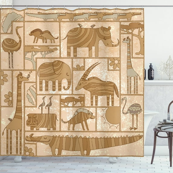 Tribal Shower Curtain, Historical Grunge Style Design of Animals on Rectangles Pattern, Fabric Bathroom Set with Hooks, 69W X 75L Inches Long, Peach Camel and Pale Sepia, by Ambesonne
