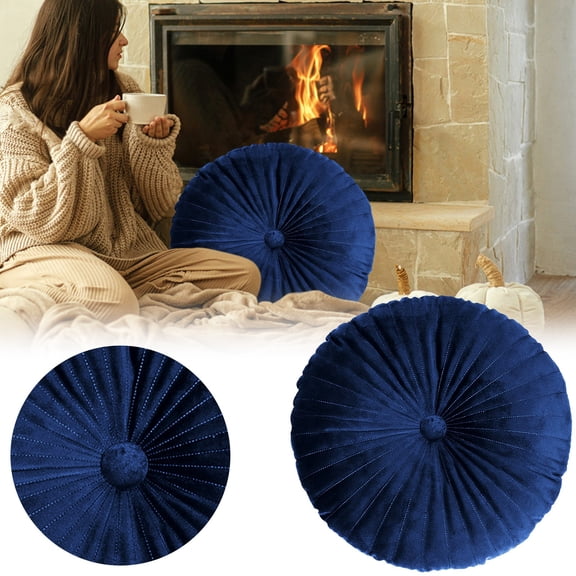 Pumpkin Throw Pillow Velvet Round Pillow Decorative Pleated Cushion with Center Button,13.7” Soft Floor Pillow for Sofa Couch Bed Vanity Chair Living Room Halloween Decoration(A)