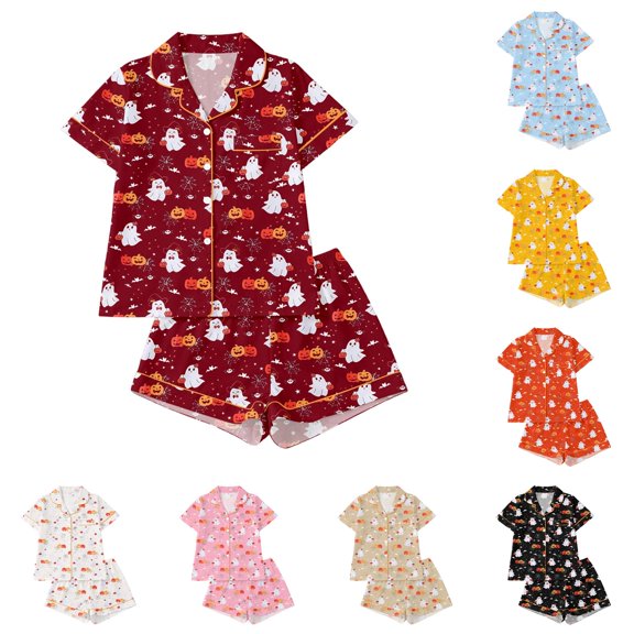 XAOFW Halloween Pajamas Pumpkin Print Lapel Collar Girls Pajamas Sets Short Sleeve Button Down Shirts And Shorts Kids 2 Piece Loungewear Sets Trendy Homewear 3-4 Years