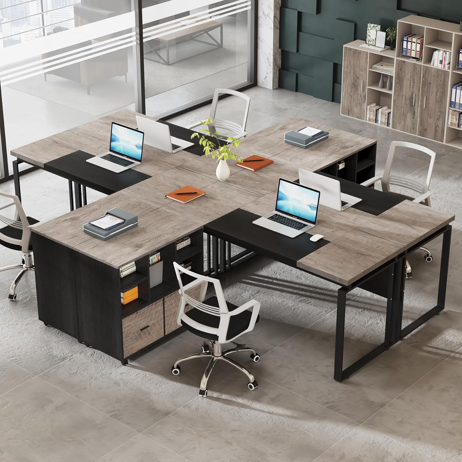 L-Shaped Executive Desk with Reversible File Cabinet, 3" Office Desk with Storage Drawers, Grey
