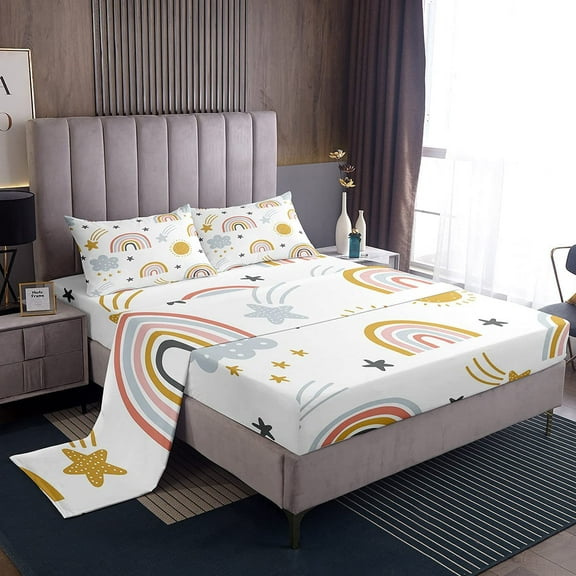 Girls Rainbow Bed Sheets Twin Size Sun and Stars Sheet Set 3 Piece Soft Microfiber Kids Boys Cartoon Cloud Bed Sheets Set , Deep Pocket Fitted Sheets , Girly Flat Sheet , Bedroom Decor 1 Pillow Case