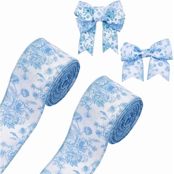 21.87 Yards Floral Wired Edge Ribbon Roll 2.4 inch Flower Pattern Wired Edge Fabric Ribbon for Wedding Bridal Wreath DIY Crafts Blue Blue DIY