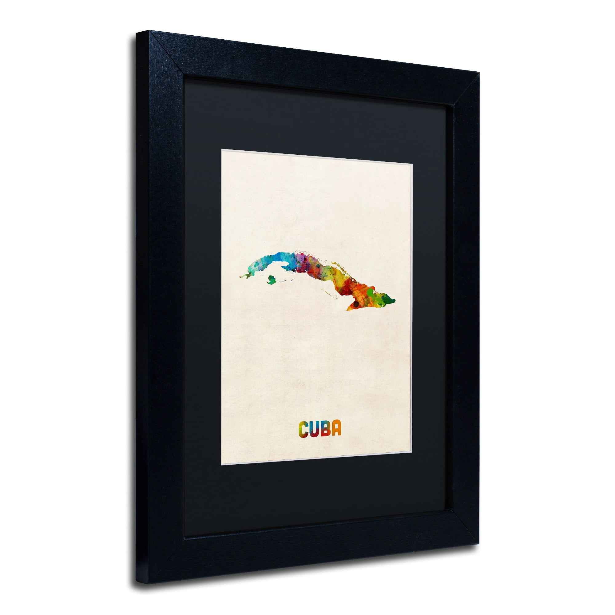 Trademark Fine Art "Cuba Watercolor Map" Canvas Art by Michael Tompsett Black Matte, Black Frame