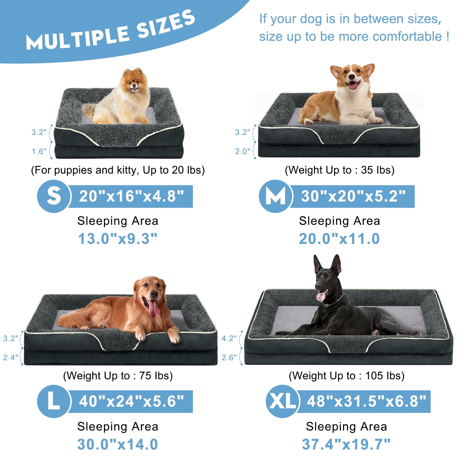 PayUSD Dog Beds for Large Medium Small Dogs Orthopedic Pet Bed Sofa Supportive Egg Crate Foam Animal Couch with Removable Washable Cover Non Skid Bottom S to XL
