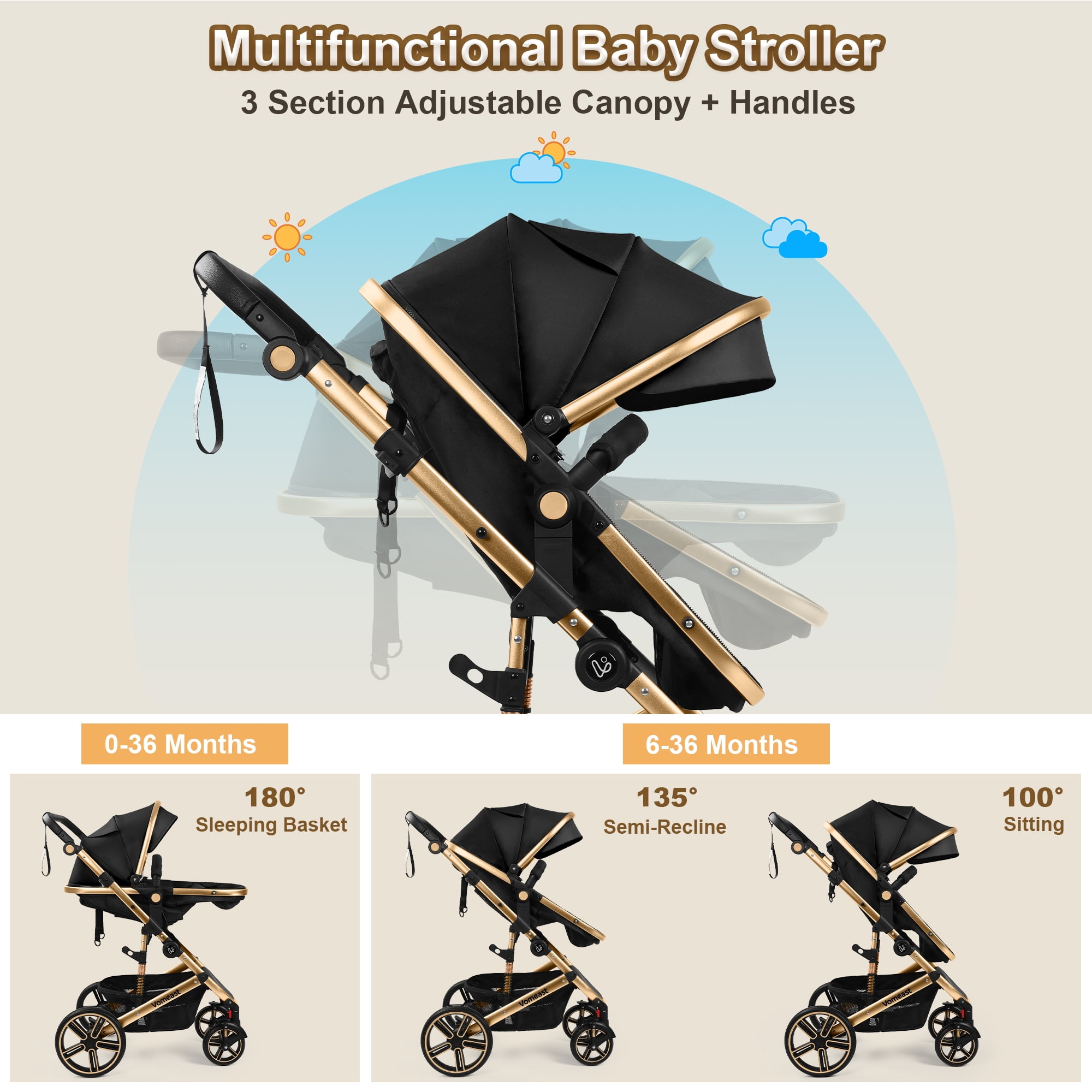 Vomeast Baby Stroller, Foldable Aluminum Alloy Stroller with Reversible, Travel Stroller for Newborn Infant, Black