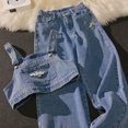 thumbnail image 4 of Conjuntos de dos piezas de mezclilla de verano para mujer, conjuntos de diseño con tirantes, blusas cortas sin mangas y jeans holgados de pierna ancha, conjuntos de 2 piezas de ropa de calle, 4 of 5