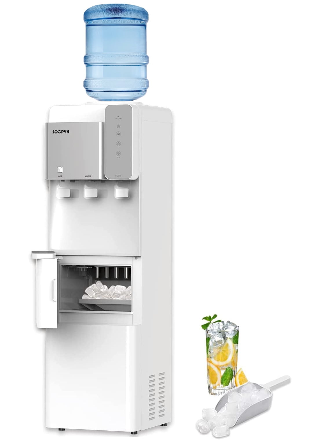 SOOPYK Top Load Water Dispenser Built-in Ice Maker for 3 or 5 Gallon 3 Temperature Setting 27 lbs Daily Capacity Night Light Child Safety Lock White