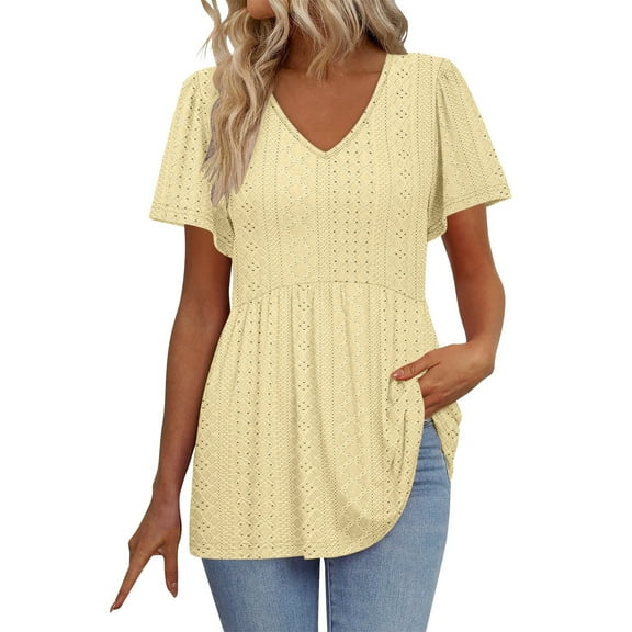 AherBiu Boho Tops for Women Eyelet Hole Stretch V Neck Short Sleeve Dressy Casual Blouse Ruffle Tunic Shirts