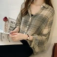 thumbnail image 3 of Monfince Women Plaid Shirts Long Sleeve Button Down Striped Turn Down Collar Loose Blouse Femme Lantern Sleeve Blouse 1Pcs, 3 of 5