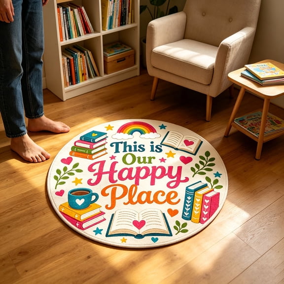 23.62in Kids Round Reading Corner Rug - Colorful Book Themed Circular Play Mat with Soft Velvet, Non Educational Carpet for Bedroom Playroom Classroom