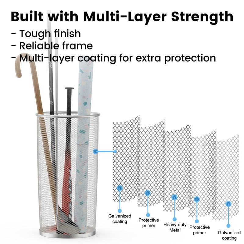 DUNCHATY 4-Pack 20" Metal Round Umbrella Stand Rack, Freestanding Umbrella Holder Bin, Canes Walking Sticks Holder and Wrapping Paper Storage Organizer, Silver