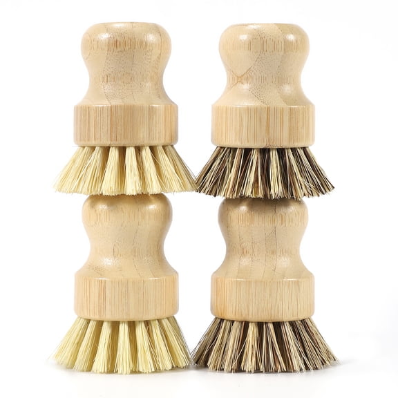 4 Pack Bamboo Dish Brush Set, Natural Palm Dish Scrubber for Pots and Vegetables, Sisal Bristle Bamboo Scrub Brush for Cleaning Dishes and Pans