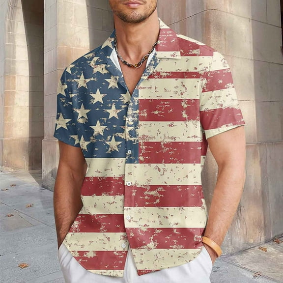 ZZHZGZ Fourth of July Dress Shirts for Men Big and Tall Men Shirts for Casual Wear Slim fit Independence Day for Summer Ideal Pairing with Casual Pants for Everyday Use M