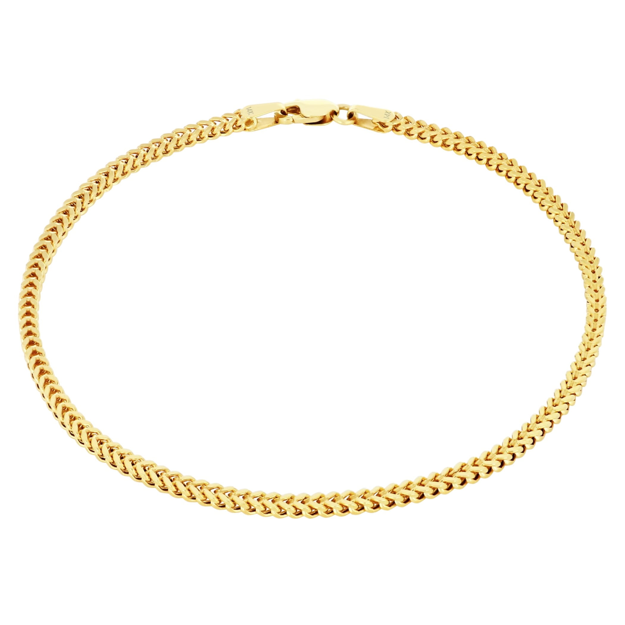 Nuragold 14K Real Yellow Gold Franco Square Chain Wheat Bracelet 7"-9" (1.5mm-5mm) Italian Jewelry for Men & Women