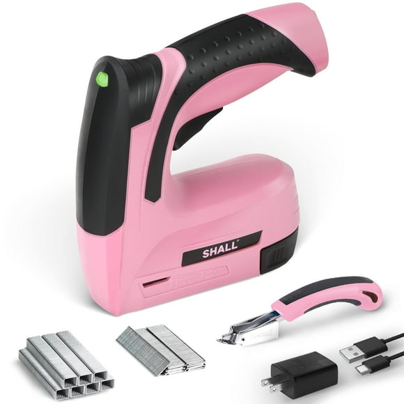 SHALL Pink Electric Staple Gun, 2 in 1 Cordless Upholstery Stapler Nail Gun for Wood, 4V Rechargeable Brad Nailer Kit w/ 2500 Staples Nails, Staple Remover & Fast Charger