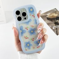 for iPhone 15 Pro Max Case Cute Floral Curly Wave Frame Design, Clear Aesthetic Flower Pattern Kawaii Wavy Shape for Women Girls, Slim Soft TPU Shockproof Case, Blue