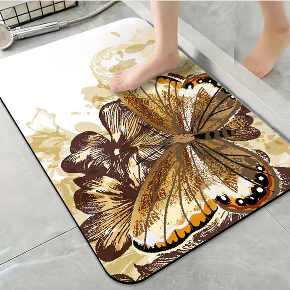 1pc Brown Butterfly with Flowers Bathroom Rug Bathroom Decor and Accessories- Durable,Anti Slip,And Quick Drying,Suitable For Indoor/outdoor Use - Perfect For Bathrooms,Bedrooms,Kitchens